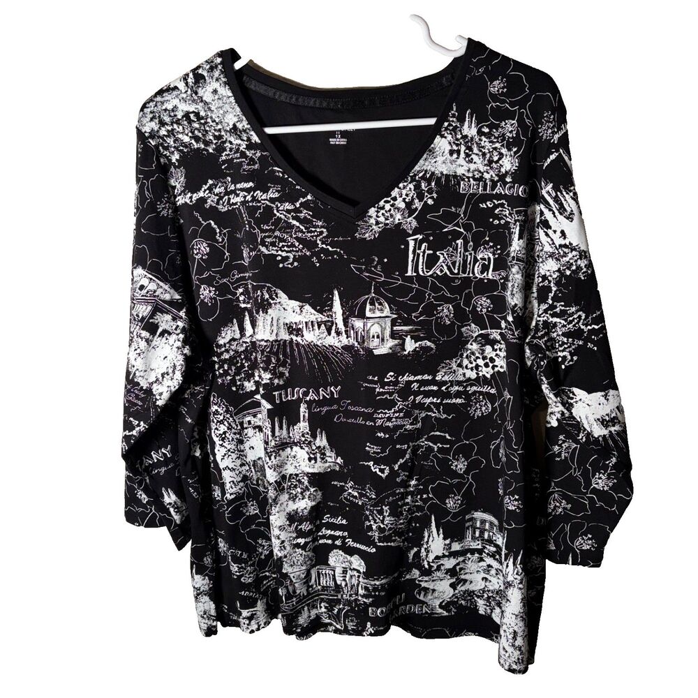Allison Daley Blouse Women's 1X Black Printed V-Neck 3/4 Sleeve Printed Top
